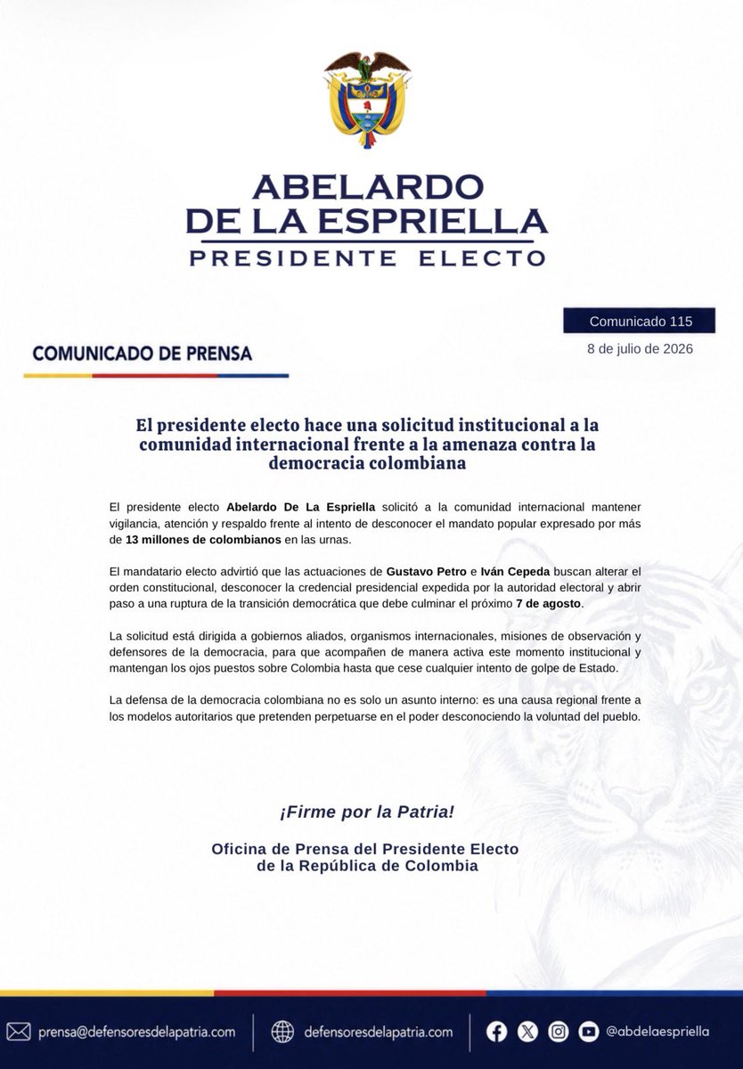 defensoresco's tweet photo. #ATENCIÓN | El presidente electo, Abelardo De La Espriella (@ABDELAESPRIELLA), solicitó a la comunidad internacional mantener vigilancia y acompañamiento frente a cualquier intento de desconocer el mandato soberano expresado por más de 13 millones de colombianos en las urnas. La democracia y el Estado de derecho deben ser respetados. 🇨🇴
