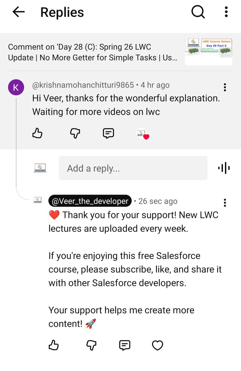 Veer_developer's tweet photo. 📚 𝗡𝗲𝘄 𝗟𝗪𝗖 𝗹𝗲𝗰𝘁𝘂𝗿𝗲𝘀 𝘁𝘄𝗶𝗰𝗲 𝗮 𝘄𝗲𝗲𝗸.

💬 𝗪𝗵𝗮𝘁 𝗦𝗮𝗹𝗲𝘀𝗳𝗼𝗿𝗰𝗲 𝘁𝗼𝗽𝗶𝗰 𝘀𝗵𝗼𝘂𝗹𝗱 𝗜 𝗰𝗼𝘃𝗲𝗿 𝗻𝗲𝘅𝘁?

📺 𝗬𝗼𝘂𝗧𝘂𝗯𝗲: https://t.co/iJjNy7K6sL

#Salesforce #LWC #SalesforceDeveloper #Agentforce #Trailblazer #SalesforceOhana https://t.co/zD31pY8Q2b