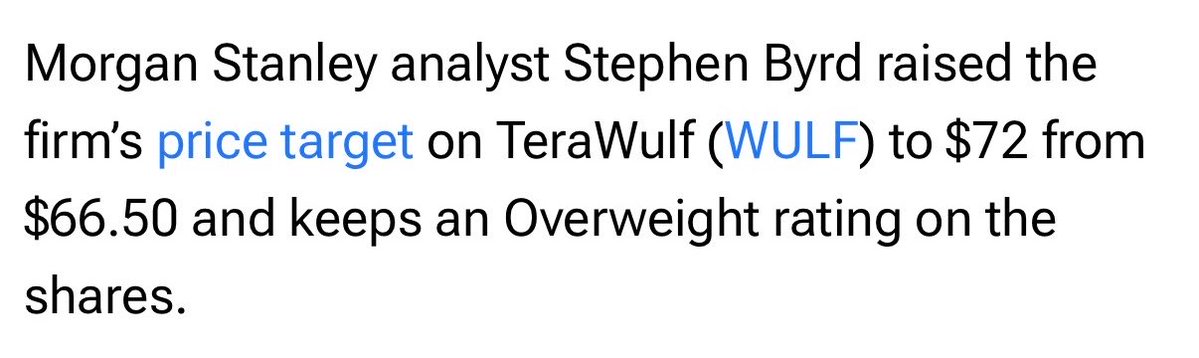 SmallCapSnipa's tweet photo. Morgan Stanley raised $WULF price target to $72 and keeps an overweight rating on the stock

TeraWulf opened trading today at $21 https://t.co/wbKcAeoS2x