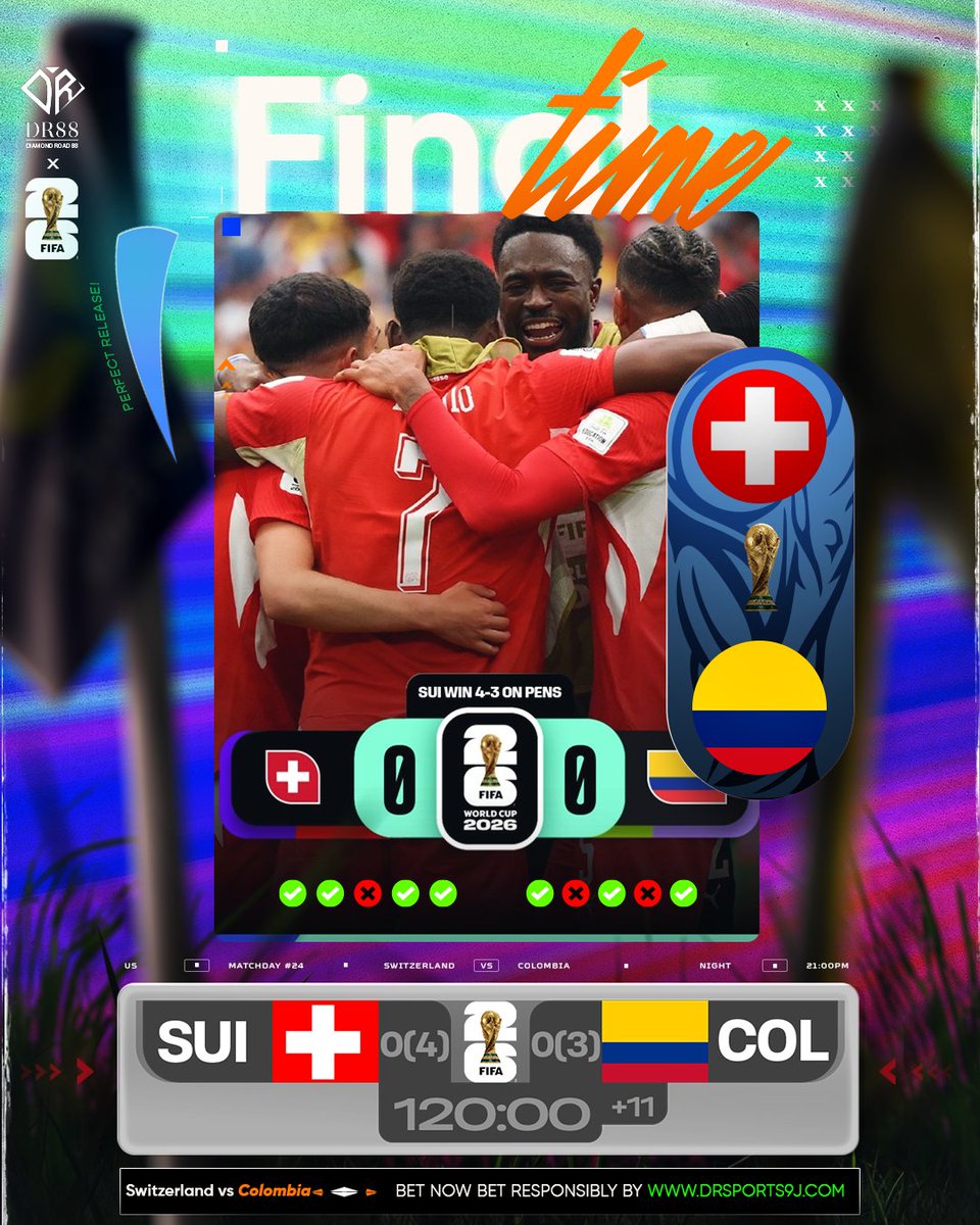 DiamondRoad88's tweet photo. SUI 0(4) - 0(3) COL FT
Switzerland win on penalties! ๐จ๐ญ
Tight game. 120 mins + shootout drama
React ๐จ๐ญ if you called it
#Dr88 #Switzerland #Colombia #Round16 #Football #Penalties https://t.co/U6KRAIZP6g