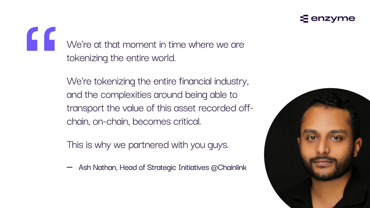 enzymefinance's tweet photo. Ash Nathan, Head of Strategic Initiatives at @Chainlink, described where we are right now in our joint webinar: the entire financial industry is being tokenized, and getting value from off-chain to on-chain is the critical challenge. We built Onyx around exactly that.

Full webinar 👇
https://t.co/XpUx4YZoiH