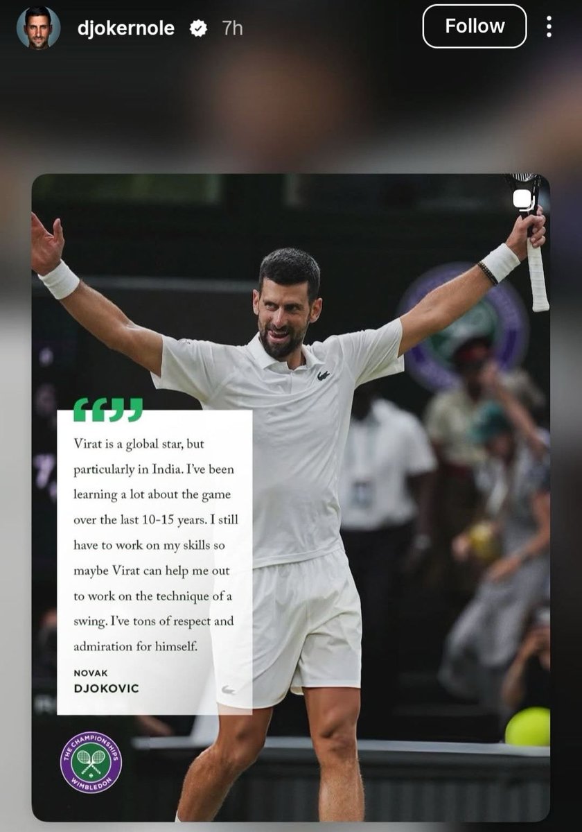 mufaddal_vohra's tweet photo. Novak Djokovic’s Instagram story on Virat Kohli after his historic 5 hours and 15 minutes Quarter Finals. https://t.co/S3eAxTlAHw