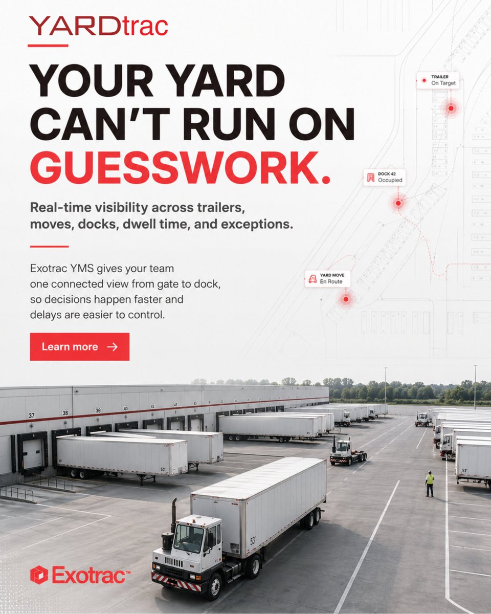 exotrac67787's tweet photo. Your yard can’t run on guesswork.
Exotrac YMS gives teams real-time visibility across trailers, moves, docks, dwell time, and exceptions.
Learn more: https://t.co/FtMB2wfF78
#YMS #YardManagement #LogisticsTech https://t.co/xDmyYBhtpU