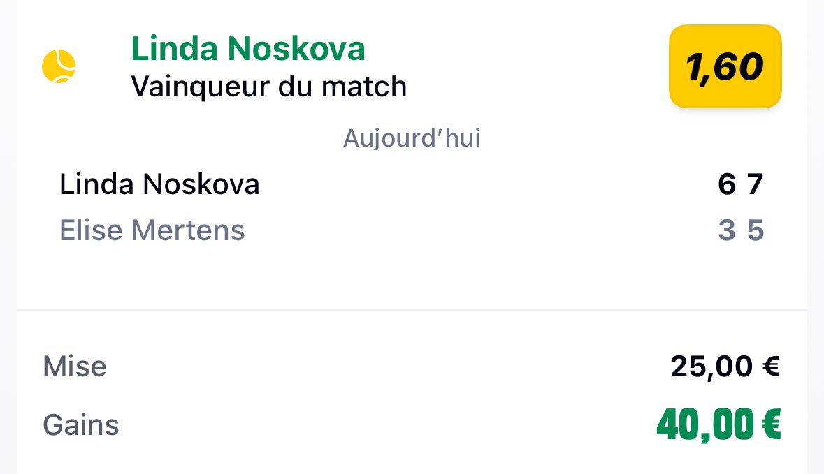SikaPronos's tweet photo. Bet tennis du jour !

🎾 Noskova @ 1,60 (1%) ✅

On retrouve la victoire 🙏
Merci https://t.co/a6xAAnePlM pour l’analyse où on voit que Mertens a du mal contre la puissance sur gazon : seulement 38% de victoires 

100 ❤️ pour le prochain bet https://t.co/yZC9dhmwwq
