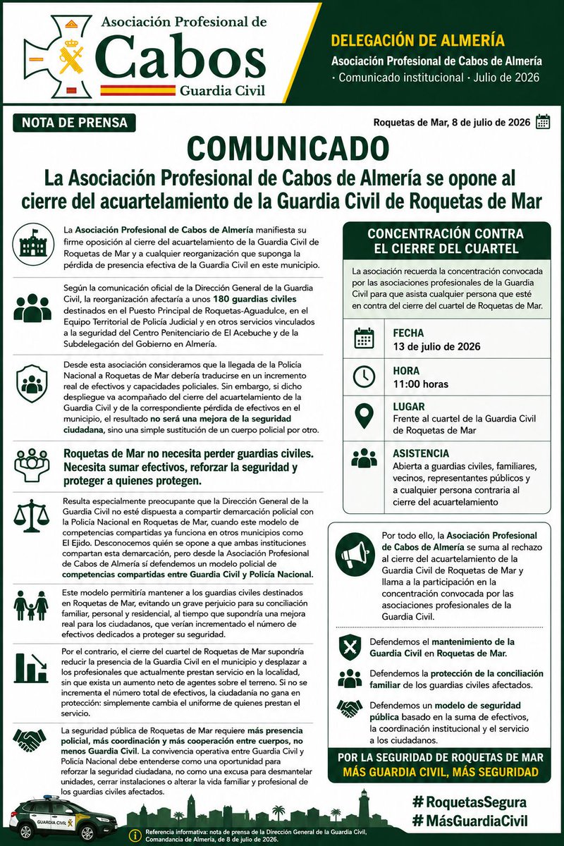 apc_almeria's tweet photo. @apc_almeria se opone al cierre del acuartelamiento de la @guardiacivil de Roquetas de Mar (Almería).

La ciudadanía lo que necesita es incrementar la seguridad, NO la sustitución de cuerpos policiales.

El 13 de julio de 2026, a las 11 horas, frente al cuartel.

!TE ESPERAMOS! https://t.co/fNmVAjHD16