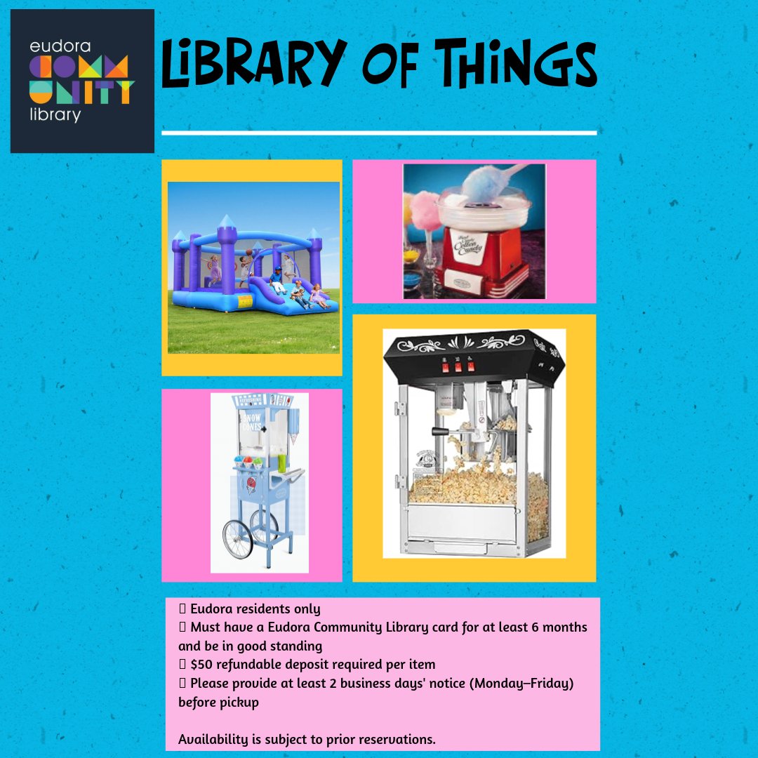 EudoraPublicLib's tweet photo. 🎈 Planning a party?

Borrow a bounce house, popcorn machine, sno-cone machine, or cotton candy machine from the Eudora Community Library! 🍿🍧🍭

See the graphic for checkout requirements. Reserve early—availability is limited! 📚✨ https://t.co/qwrgr52uCM