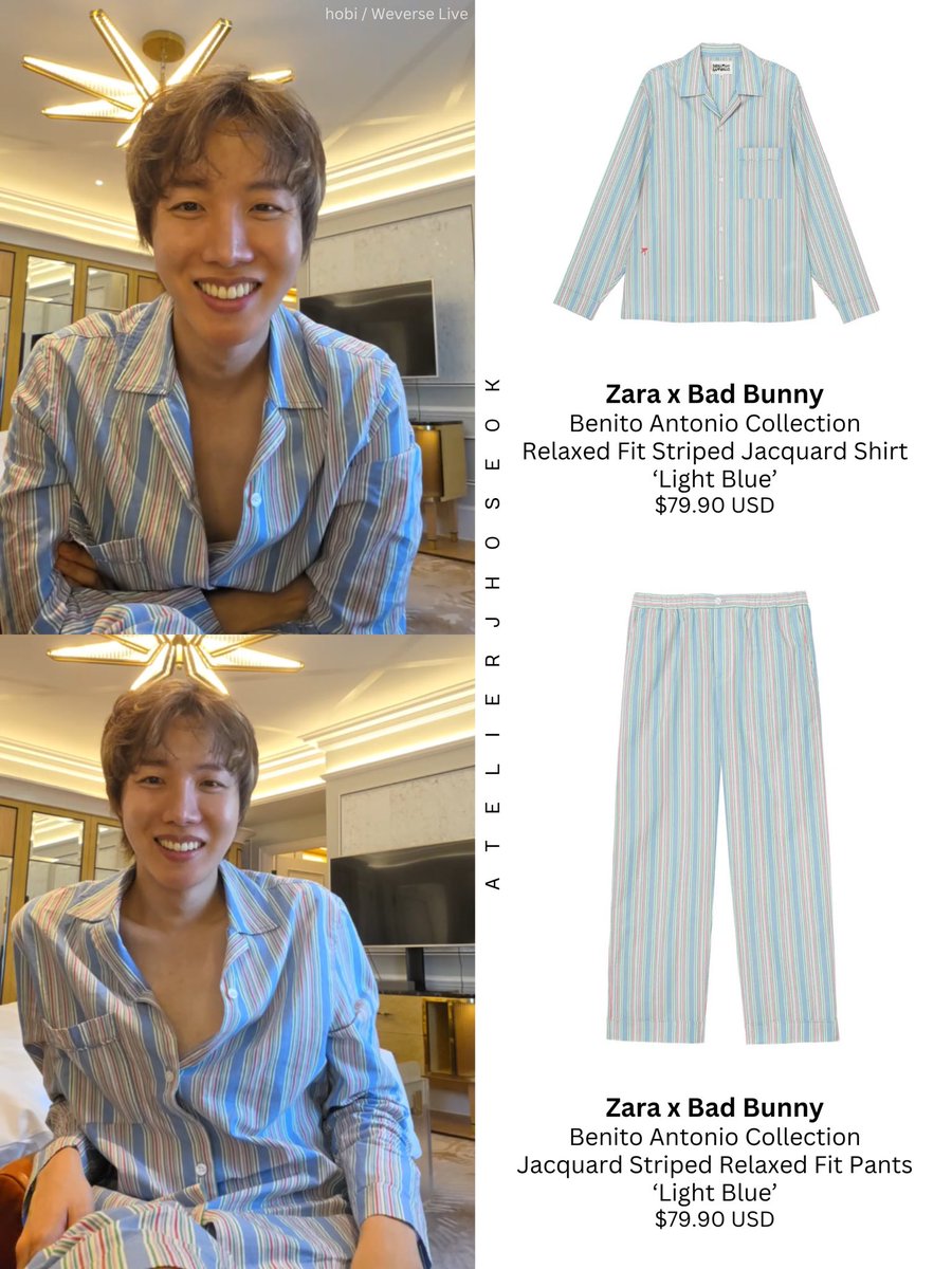 atelierjhoseok's tweet photo. 2026.07.08   hobi   Weverse Live

j-hope wearing new clothes he bought in Madrid from the @ZARA X @sanbenito capsule collab collection 🩵

#jhope #제이홉 #jhopefashion #Zara #ZaraxBadBunny https://t.co/p0KR9Qrn4l
