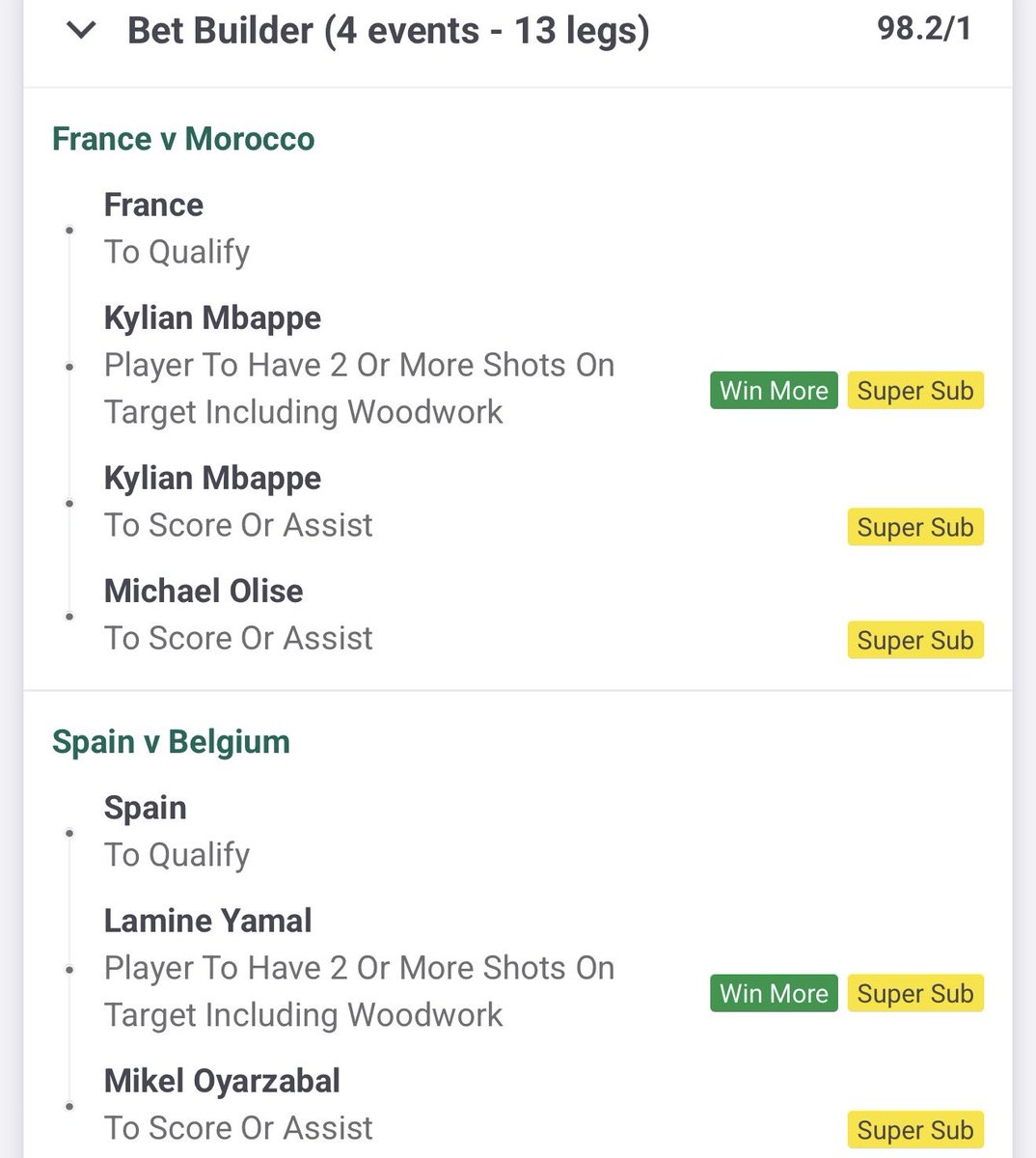 LOAPbettingPU's tweet photo. How are the bookies seriously pricing this at almost 100/1?! 👀

🇫🇷 France to qualify
🇪🇸 Spain to qualify
🇳🇴 Norway to qualify
🇦🇷 Argentina to qualify

Then you’ve got Mbappé, Yamal, Haaland &amp; Messi to do what they do best… get shots on target and produce goals or assists. https://t.co/QNTaTLuUaf
