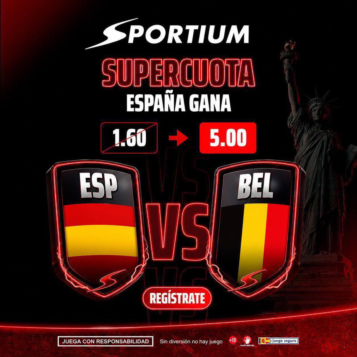 ApuestasElite7's tweet photo. GANA ESPAÑA A CUOTA 5.00 🇪🇸 

Ya van 2/2 ✅ vamos a por la 3 ✅ no?🤷‍♂️

1️⃣ Regístrate y deposita mínimo 30€

2️⃣ Te apuntas a la oferta y apuestas a españa gana a cuota normal.

3️⃣ Si gana 🇪🇸 te lo pagan a cuota 5

Regístrate AQUÍ👉🏽https://t.co/plwmV5g7Zj