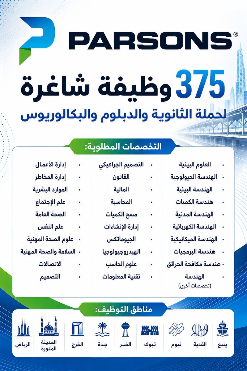 WadhefaDotCom's tweet photo. 🟢 (375) وظيفة للثانوية فأعلى (بمختلف المناطق):

شركة بارسونز العالمية تعلن عن طرح (375) وظيفة لحملة الثانوية والدبلوم والبكالوريوس للعمل في (الرياض، جدة، المدينة المنورة، الخبر، تبوك، ينبع، نيوم، الخرج، القدية).

التفاصيل: https://t.co/0wBtwz5hml

#وظائف https://t.co/y57w2NBsEA