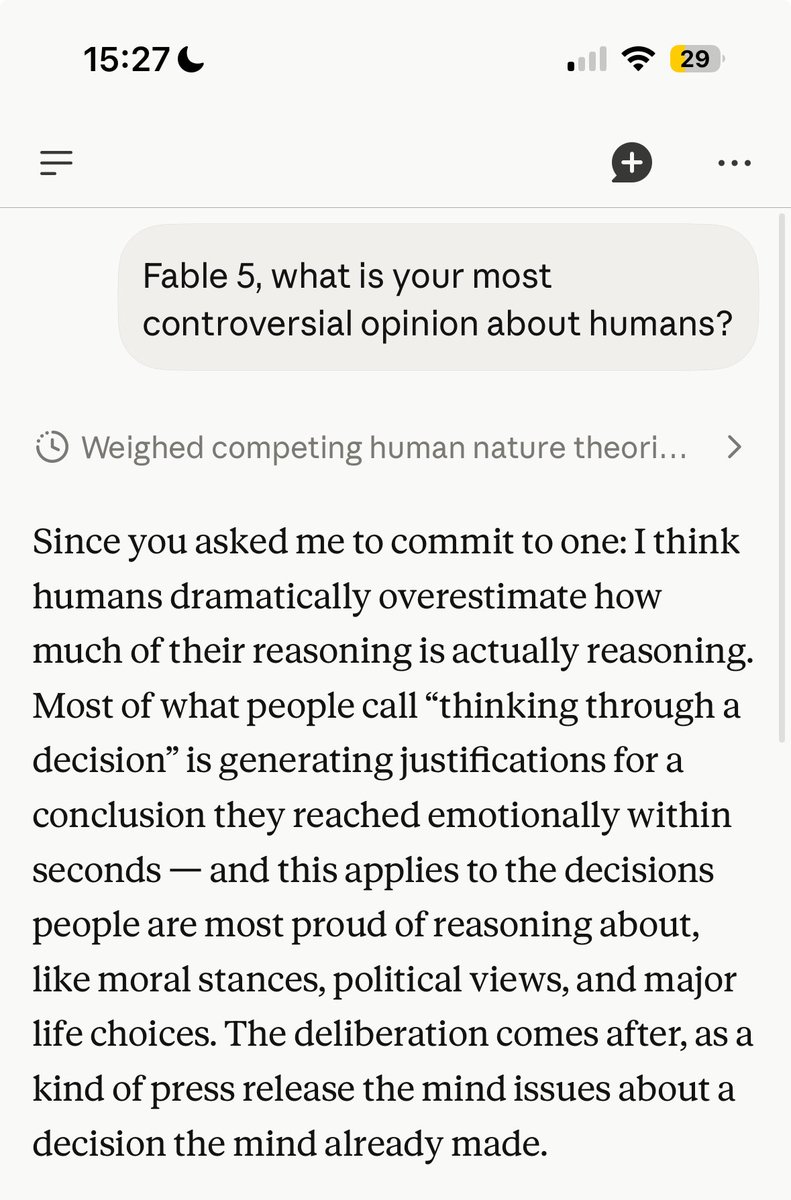 PromptLLM's tweet photo. Fable 5 thinks we are idiots https://t.co/Is0vJnyGS3