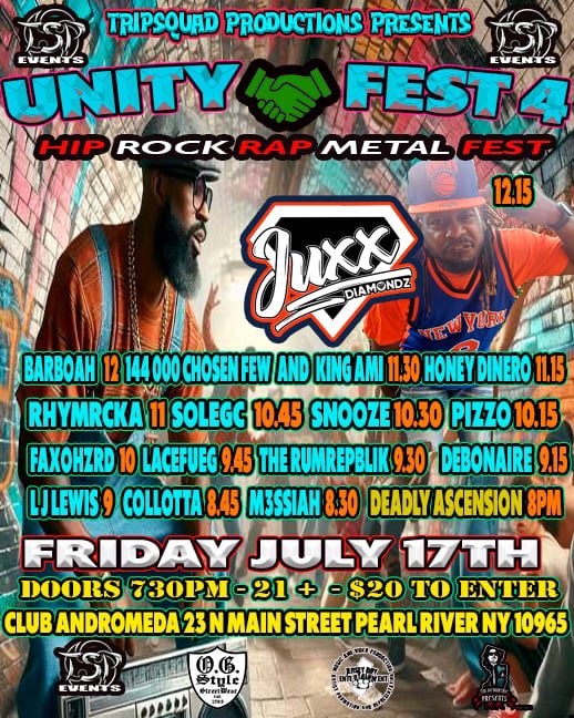 TimMcMurtrieTSP's tweet photo. 7/17 “UNITY FEST” @theclubandromeda @tripsquadproductionz 
@thareal_juxxdiamondz  @barboah @144000chosenfew @king_ami_ @theofficialhoneydinero @rhymrcka @solegc @wearesnooze @stellarpizzo @faxohxzrd @lacefueg @omg_rumrepublik @debonaire @realljlewis @collottahiphop @m3ssiah.24 https://t.co/881lzHfWi3