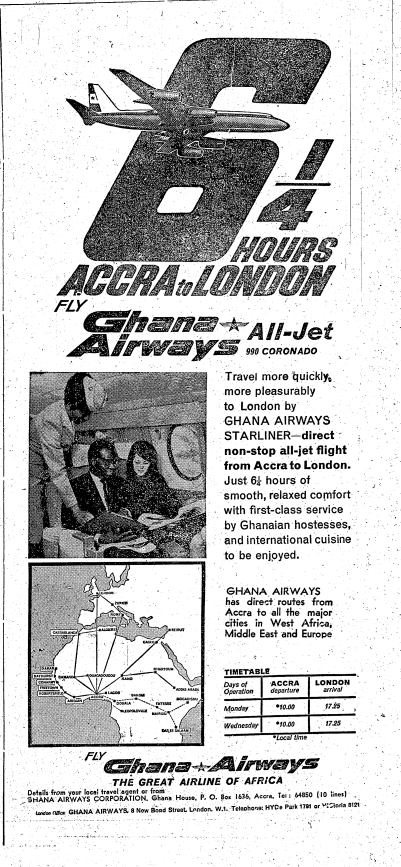 KwekuOA's tweet photo. A Ghana Airways advertisement of their Accra International Airport to London Heathrow direct flight in 1964. https://t.co/bHZcaRMbuw