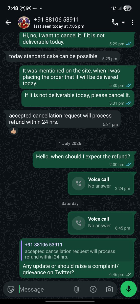 AkhanSiraj's tweet photo. Ordered cake (₹3,599) from @oyegifts on 29 Jun with same‑day delivery shown. After payment, your team said on WhatsApp it can’t be delivered same day, then confirmed cancellation and refund in 24 hrs. It’s been days with no refund or reply. Please process the refund and respond. https://t.co/0fgo3W19gY