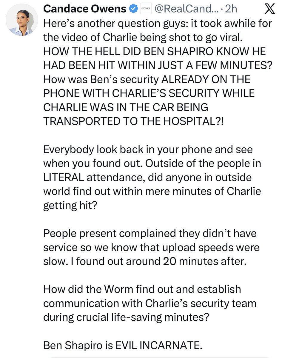 CinemaShogun's tweet photo. 🚨 Candace Owens just admitted that Charlie Kirk got shot‼️

Candace is a complete idiot that continues to own herself every time she opens her mouth.

While trying to use Charlie Kirk conspiracies to smear Ben Shapiro she forgot about her exploding microphone nonsense and accidentally admits that Charlie got shot.

She’s simply can’t keep up with her own bull 💩 anymore.