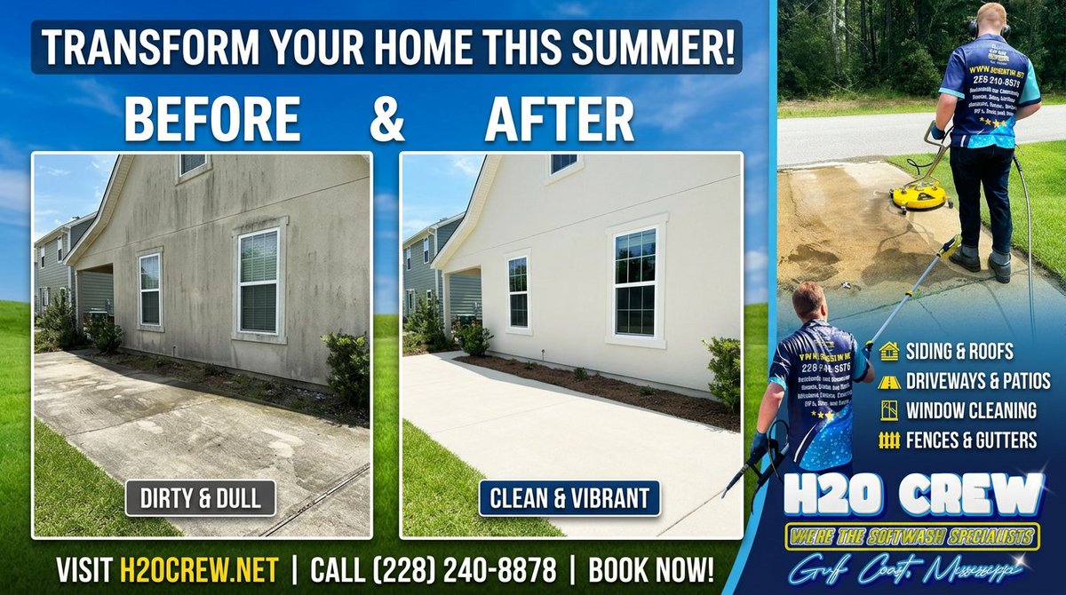 theh2ocrew's tweet photo. Make your home shine this Summer✨

H2O Crew makes it easy to achieve a vibrant, spotless exterior. As the Gulf Coast softwash specialists, we bring out the best in your siding, roofs, and driveways with our safe and effective cleaning.

Claim your transformation today.🌊 https://t.co/AeRVMhvHrp