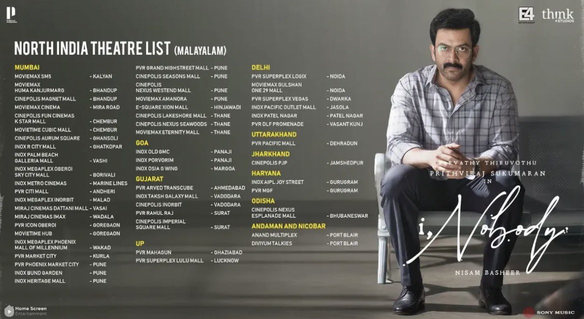 PrithvirajProd's tweet photo. #iNobody Tamil Nadu &amp; North India Theatre List! 

From tomorrow! 

Book your Tickets Now: 

https://t.co/yG8eilaI8K

https://t.co/52D1XGFQVL https://t.co/E52dQ6jEAH