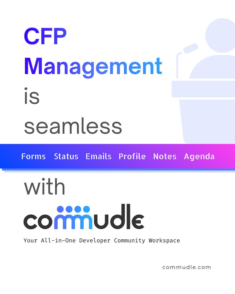 commudle's tweet photo. The CFP process is where most community events break.

Submissions in one place. Reviews by email. Notifications by hand. Programme in a doc nobody can find.

Commudle runs the whole thing inside your community workspace. https://t.co/g9YLN7N35v