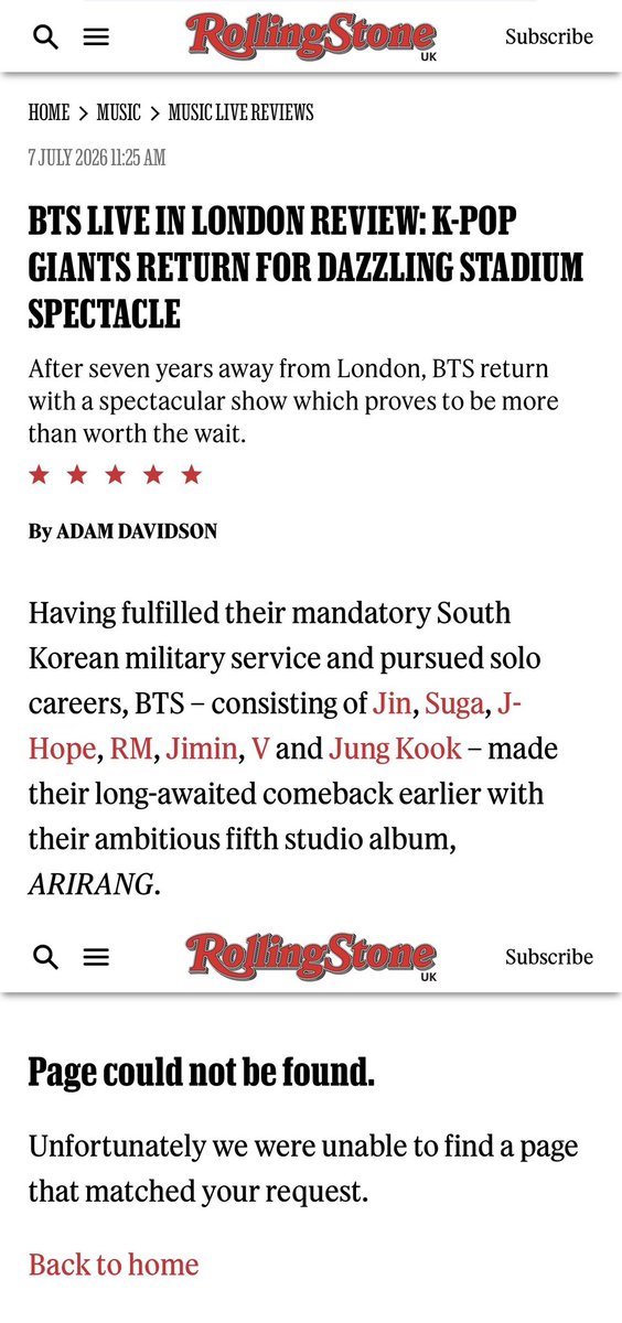 JJK_Times's tweet photo. Dear @RollingStoneUK

In your BTS London concert review, the hyperlink on Jungkook's name is broken. He's the only member affected.

Also, his photo isn't shown in the article. It only appears at the end of the expanded gallery.

Could you please look into these issues? Thank you https://t.co/URyBXcZwfp