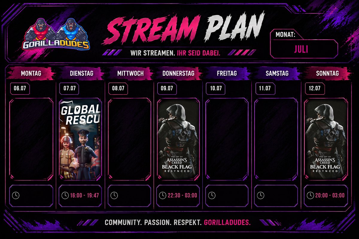 Gorilla_Dudes's tweet photo. 📅 Hier ist unser Streamplan für den Rest der Woche!
Morgen geht's ab ca. 22:30 Uhr wieder live. 🎮 Welche Games auf dem Plan stehen, seht ihr im Bild. 👀
Ab sofort bekommt ihr jede Woche einen aktuellen Streamplan. 🚀
#twitch #twitchde #Streamercommunity #Streamalert https://t.co/W4FDPbOr5w