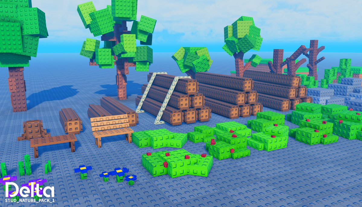 De31ta's tweet photo. 🌳 Reminder that this Stud-Style Nature Pack is FREE till July 9th. This is my first ever asset pack, so its free.

🕢 Only 2 days left to get it before its paid

If you know someone who might want these assets, send this over to them.

Available on my Discord server now! (link in bio) 
#Roblox #RobloxDev #RobloxDevs #RobloxArt