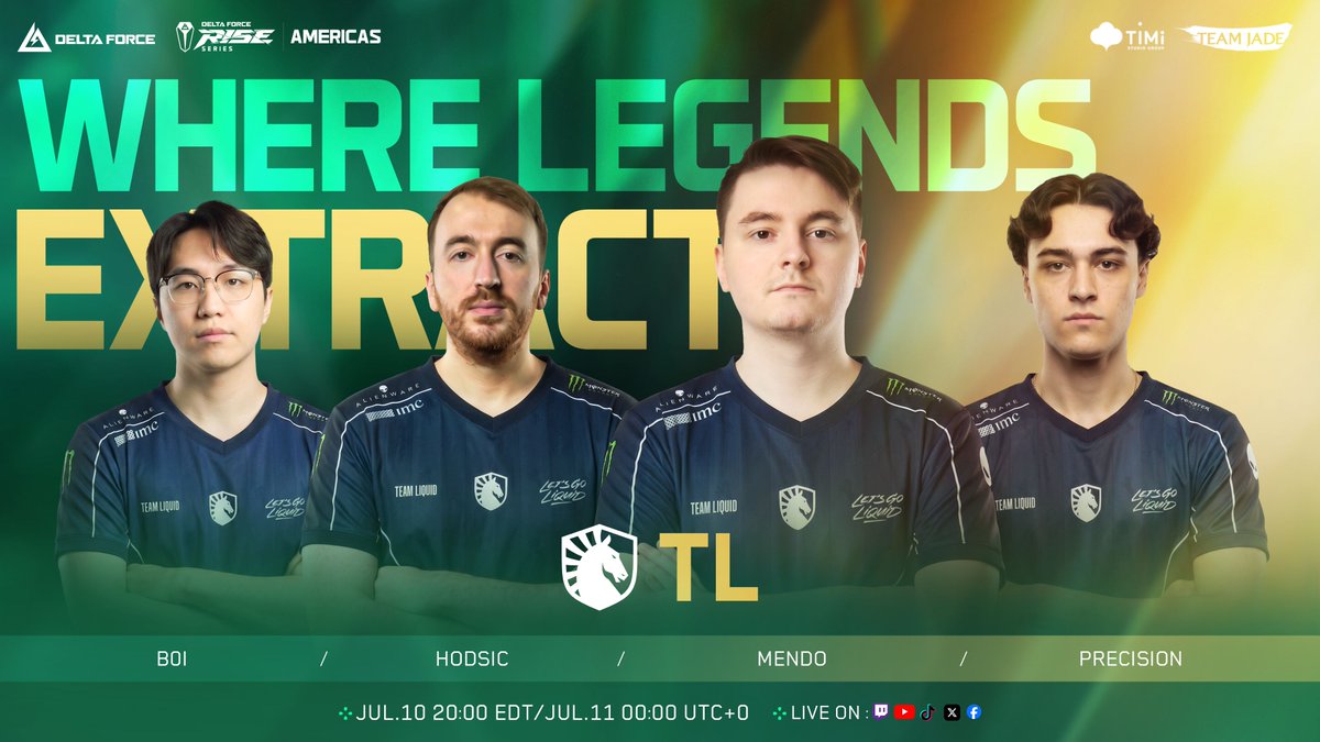 DFGameEsports's tweet photo. Meet your AMERICAS teams — 3/3

@Spacestation
@TeamLiquid
@Nadeshot
WKF.

AMERICAS is ready.

RISE Series begins July 10.

#DeltaForce #DFesports #DFRise https://t.co/34Ooyvs3iF