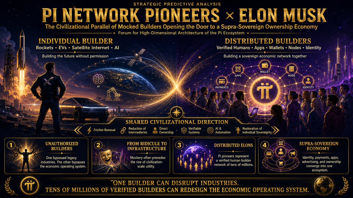applekhankorea's tweet photo. Strategic Predictive Analysis  [001] :::
Elon Musk and Pi Network Pioneers: The Civilizational Parallel of Mocked Builders Opening the Door to a Supra-Sovereign Ownership Economy

[[[ This article includes Predictive & Technical Analysis  and may differ from actual outcomes ]]]
[[[ [Unauthorized Builders] If Elon Musk Bypassed Legacy Industries, Pi Pioneers Are Bypassing the Economic Operating System ]]]
[[[ [From Ridicule to Civilizational Infrastructure] The Shared Pattern Behind SpaceX, Tesla, Starlink, and Pi Network ]]
[[[ [Distributed Elons] From One Genius Builder to a Verified Human Builder Network of Tens of Millions ]]]
[[[ [The Rise of a Supra-Sovereign Economy] After Reusable Rockets, the Redesign of Identity, Payments, Taxation, Apps, Advertising, and Ownership Begins ]]]

1. Introduction: Why Elon Musk and Pi Network Stand on the Same Civilizational Current

At first glance, Elon Musk and Pi Network appear to belong to entirely different domains.

Elon Musk is a mega-scale individual builder operating across rockets, electric vehicles, satellite internet, artificial intelligence, robotics, and public discourse platforms. Pi Network, by contrast, is a distributed community evolving through tens of millions of verified humans, mobile mining, KYC, wallets, an app ecosystem, an advertising network, nodes, smart contracts, sovereign purchasing power, and an ownership-based economy.

Yet at a deeper level, both currents are moving in the same civilizational direction.

That direction is friction removal, reduction of intermediaries, bypassing incumbents, democratization of infrastructure access, verifiable systems, reallocation of ownership, and the restoration of individual sovereignty.

If Elon Musk physically built what legacy aerospace, automotive, telecom, and media industries mocked as impossible, Pi Network Pioneers are collectively building what legacy finance, platforms, identity systems, advertising, app infrastructure, and tax administration have mocked as impossible.

In this sense, Elon is the extreme example of an individual builder, while Pi Network Pioneers represent the civilizational example of a distributed collective builder network.

-----
2. The Essence of Elon Musk’s Story: A Builder Who Constructed the Future Without Permission

The reason Elon Musk is mocked, attacked, and demonized is not merely his tone, his political positions, or his activity on X. The deeper reason is that he made real what incumbent industries had declared impossible.

Legacy aerospace did not believe a private company could build government-grade rocket systems, reuse rockets, and land boosters vertically on drone ships at sea.

Legacy automakers did not believe electric vehicles could threaten internal combustion engines in the mass market.

Legacy telecom underestimated the possibility that low-Earth-orbit satellite internet could connect disconnected regions of the planet in real time.

Legacy media became deeply uncomfortable with the idea of a public discourse platform slipping outside its traditional control structures.

Elon’s core significance is not that he is merely a successful businessman. It is that he is a builder who physically constructed the future without the permission of legacy industries.

He did not climb the ladder built by incumbents.
He proved that the ladder itself was no longer necessary.

That is precisely what incumbent systems fear most.

Incumbents do not fear failures.
They do not fear complainers.
They do not fear abstract critics.

What incumbents truly fear is the builder who proves, through actual products and infrastructure, that the incumbents were never as necessary as they claimed.

-----
3. The Story of Pi Network Pioneers: Verified Human Economic Infrastructure Built Under Ridicule

Pi Network Pioneers have walked a remarkably similar path.

From the beginning, Pi was mocked.
“Mining on a phone? Impossible.”
“A free coin has no value.”
“KYC will never work.”
“Mainnet will never arrive.”
“An app ecosystem is impossible.”
“Exchange price is everything.”
“GCV is fantasy.”
“Pioneers are wasting their time.”
Yet Pi Network did not build itself around a speculative price narrative. It quietly accumulated an infrastructure narrative.

KYC.
Pi Wallet.
Pi Browser.
Pi Sign-in.
Pi Ad Network.
Pi App Studio.
Mainnet migration.
Nodes and Supernodes.
On-ramps.
Ecosystem apps.
Backend storage.
Community-based utilities.
A verified human network.

This is not merely the distribution of a coin.
It is the process of redefining tens of millions of verified humans as the basic units of a new economic network.

If Elon broke the impossibility declarations of physical industries through rockets and electric vehicles, Pi Pioneers are breaking the impossibility declarations of identity, payments, apps, advertising, taxation, ownership, and data economics.

In this sense, Pi Pioneers are not merely users.
They are distributed builders.

-----
4. Elon as an Individual Builder and Pi Pioneers as Collective Builders

The greatest difference between Elon Musk and Pi Network lies in structure.
Elon is a hyper-concentrated builder.
Pi is a distributed builder network of tens of millions.
Elon pushed the future forward through personal capital, technical teams, corporate organizations, risk absorption, and physical infrastructure.
Pi Pioneers built the network through mining, KYC participation, node operations, app usage, community expansion, validation, advertising participation, ecosystem experimentation, lockups, and long-term patience.
Elon’s tools are rockets, batteries, satellites, AI, and platforms.
Pi’s tools are verified human identity, wallets, apps, advertising, nodes, smart contracts, ZK, internal purchasing power, sovereign multipliers, and ownership-based economics.
Elon compressed the cost structure of physical industries.
Pi may compress the access-cost structure of the existing economic system.
SpaceX compressed launch costs.
Tesla compressed the transition cost to electric vehicles.
Starlink compressed internet access costs.
Pi Network could compress the cost of economic participation, app creation, identity verification, payments, tax settlement, data ownership, and small-business digital transformation.
Therefore, the statement that Pi Pioneers are “people like Elon Musk” is not just a metaphor.

More precisely, Pi Pioneers are a distributed collective of Elon-type builders across tens of millions of verified humans.

-----
5. Ridicule and Demonization Are Defensive Reactions When New Infrastructure Appears
When a new infrastructure emerges, incumbent systems usually respond in four stages.
First, they ignore it.
Second, they mock it.
Third, they attack it.
Fourth, they belatedly imitate it.
Elon Musk went through this process.
Electric vehicles were mocked as toys.
Reusable rockets were mocked as unrealistic.
Starlink was dismissed as exaggerated satellite internet.
After the acquisition of X, personal, political, and moral attacks intensified dramatically.
Pi Network has gone through a similar process.
At first, it was ignored.
Then it was mocked.
Then it was attacked through scam narratives.
If real utility and internal purchasing power become fully activated, Pi may face even greater institutional attacks and regulatory pressure.
The reason is simple.
If Pi fails, there is no need to mock it.
If Pi has no meaning, there is no need to attack it.
If Pi is merely another coin, it does not threaten the existing system.
But if Pi becomes a supra-sovereign ownership-economy infrastructure based on a verified human network, the situation changes completely.
It could simultaneously threaten legacy identity systems, payment networks, app-development intermediaries, advertising platforms, data-brokerage industries, tax administration, welfare administration, financial intermediaries, and centralized platform power.
Ridicule is often the cheapest defense mechanism.
Demonization appears when ridicule begins to fail.

-----
6. What Elon Exposed: Legacy Industries Were Not Always Necessary

The greatest question Elon Musk forced upon legacy industries was this:
Were all those intermediaries, costs, and institutional frictions truly necessary?

Did rockets really have to be disposable?
Did electric vehicles really have to be slow, expensive, and undesirable?
Did internet access really have to depend only on terrestrial infrastructure?
Did public discourse really have to be controlled by legacy media and advertisers?

Elon answered these questions not with theory, but with products.
Pi Network asks the same kind of questions.

Why must identity verification be repeated again and again?
Why must payments pass through layers of intermediaries?
Why must a small business depend on complex agencies and cloud costs just to create an app?
Why must advertising revenue be captured mostly by platforms?
Why must personal data be subordinated to corporate servers?
Why must taxation rely on after-the-fact reporting, audits, surveillance, accounting costs, leakage, and disputes?
Why do governments talk first about raising taxes instead of reducing operating costs?

These questions are dangerous because they reveal that many costs in the existing system may not be “necessary costs” at all.

They may be incumbency-maintenance costs.

This is where Elon and Pi run in parallel.

-----
7. What Pi Network Is Attempting to Complete: A Hyper-Efficient Ownership-Based Economic System

The strategic meaning of Pi Network is not coin price.

The core is a hyper-efficient ownership-based economic system.

In this system, the individual is not merely a consumer.
The individual is a verified human.
A wallet holder.
A sovereign data owner.
An app user and app creator.
A producer of advertising value.
A node contributor.
A governance participant.
A beneficiary of internal purchasing power.
A recipient of sovereign-multiplier-based rewards.
In the old economy, individuals were objects to be monetized by platforms.
In a Pi-type economy, individuals become infrastructure units of the network.

In the old economy, identity was managed by banks, governments, and platforms.
In a Pi-type economy, identity expands into economic access rights through a verified human network.
In the old economy, apps, payments, advertising, and data were separated.
In a Pi-type economy, these layers converge inside one ecosystem.

In the old economy, taxation was a matter of reporting and surveillance.
In a Pi-type economy, taxation becomes a matter of smart-contract settlement and ZK proof.
This is the supra-sovereign ownership-based economic system.

-----
8. The Shared Direction of Elon and Pi: A Civilizational Revolution of Friction Removal
Civilization advances when friction is reduced.

The steam engine reduced the friction of physical labor.
Electricity reduced the friction of production and daily life.
The internet reduced the friction of information movement.
The smartphone reduced the friction of individual access.
AI is reducing the friction of judgment and creation.

Elon Musk reduced friction in physical infrastructure.

Rocket-launch friction.
Electric-vehicle transition friction.
Satellite-internet access friction.
Public-discourse platform friction.
AI and robotic productivity friction.

Pi Network seeks to reduce friction in economic participation.

Identity-verification friction.
Payment friction.
App-creation friction.
Advertising monetization friction.
Data-ownership friction.
Tax-settlement friction.
Node-infrastructure access friction.
Small-business digital transformation friction.
The friction of restoring individual economic sovereignty.

These two currents move in the same direction across different domains.
A frictionless, hyper-efficient infrastructure layer.
This is precisely why legacy systems feel threatened.
Many legacy systems profit from friction.

-----
9. Why Governments and Incumbents Cannot Treat Pi Lightly

If Pi Network were merely a cryptocurrency, governments could approach it through exchange prices, capital gains, reporting obligations, and regulatory licensing.

But if Pi evolves into a supra-sovereign economic infrastructure involving verified human identity, sovereign purchasing power, app ecosystems, advertising networks, smart contracts, ZK proofs, node infrastructure, and automated tax settlement, governments must be far more careful.
Because Pi would not merely be a tax target.
It could become an infrastructure that reduces the operating costs of government itself.
Before trying to extract more taxes from Pi, governments should ask:
Can this infrastructure reduce tax leakage?
Can it reduce administrative costs?
Can it prevent duplicate welfare claims?
Can it reduce corruption in public procurement?
Can ZK proofs enable taxation while protecting privacy?
Can smart contracts enable low-rate, full-collection tax systems?
Can a large portion of desk-based administration be automated?

If the answer is yes, then governments should not view Pi primarily as a taxable object.

Pi becomes a hyper-efficient infrastructure with which governments should cooperate in order to reduce operating costs.

-----
10. Strategic Forecast: Ridicule of Pi Pioneers May Evolve Into Political-Economic Conflict
As Pi Network expands into real utility, internal purchasing power, app ecosystems, commerce, automated settlement, and ZK identity systems, the nature of ridicule may change.
Early ridicule comes from ignorance.
Mid-stage attacks come from incumbent defense.
Late-stage conflict comes from taxation rights, regulatory rights, and economic sovereignty.

If governments attempt to evaluate Pioneer sovereign multipliers, internal purchasing power, and contribution-based rewards using traditional tax frameworks, the issue will no longer be simple taxation.

It will become a question of network value extraction.
At that moment, Pi communities may argue:
We are not speculators.
We are builders.
We are not mere holders.
We are contributors.
Our purchasing power is based on internal contribution, not external market price.
Governments must not tax unrealized internal value.
Governments should adopt Pi infrastructure to reduce operating costs.
Taxation should be based on low rates, automated collection, ZK proofs, and realized transactions.

If this logic spreads, Pi Pioneers will no longer be merely a community.

They will become political-economic actors of a new economic zone.

-----
11. From Elon-Type Individual Builders to Pi-Type Collective Builders: The Reallocation of Civilizational Operating Power
Elon Musk showed how much a single builder can shake legacy industries.

But Pi Network presents a more distributed possibility.

What happens when the future is not pushed by one Elon, but by tens of millions of verified humans building economic infrastructure together?

What happens when not one entrepreneur compresses rocket costs, but tens of millions of Pioneers compress the cost of economic participation?

What happens when not one platform owner bypasses discourse gatekeepers, but a verified human network bypasses the gatekeepers of identity, payments, apps, advertising, taxation, and ownership?

This question goes deeper than previous industrial revolutions.
Industrial revolutions changed the means of production.
The information revolution changed the movement of information.
The AI revolution is changing judgment and creation.
The Pi-type ownership-economy revolution seeks to change the status of the economic participant itself.
The individual becomes infrastructure rather than a consumer.
The user becomes a sovereign rather than raw data material.
The taxpayer becomes an automated-settlement participant rather than a surveillance target.
The app user becomes an app creator.
The community becomes an economic operating subject rather than a marketing target.
This is the reallocation of civilizational operating power.

--------------------------
12. Conclusion: Demonization May Be Evidence of Threat, Not Failure
--------------------------
Elon Musk was not mocked and demonized because he failed.
He was mocked and demonized because he succeeded.

His success exposed that legacy industries were not as necessary as they claimed.
His building proved that permission from incumbents was not required.
His risk-taking revealed that stable power structures had been obstructing innovation.
Pi Network Pioneers are walking a similar path.
The ridicule directed at Pi may not exist because Pi is meaningless.
It may exist because Pi asks questions that are too large for the existing system to comfortably answer.
Why must economic access be controlled by banks and platforms?
Why must identity be submitted repeatedly?
Why must taxation remain a high-friction surveillance system?
Why must small businesses purchase apps, payments, and advertising separately?
Why must personal data become raw material for corporations?
Why do governments speak first of higher taxes rather than lower operating costs?
If Pi Network begins answering these questions through real infrastructure, ridicule will no longer remain mere ridicule.
It will become the anxiety of incumbent systems.
The final strategic forecast is this:
If Elon Musk is the individual builder who constructed rockets, electric vehicles, satellite internet, AI, and platforms without the permission of legacy industries, then Pi Network Pioneers are the collective builders constructing a supra-sovereign ownership-based economy without the permission of legacy finance, platforms, identity systems, advertising, taxation, and app infrastructure.

And these two currents do not merely resemble each other by coincidence.

They move toward the same civilizational direction:

Friction removal.
Reduction of intermediaries.
Bypassing incumbents.
Direct ownership.
Verifiable systems.
AI and automation.
Restoration of individual sovereignty.
Construction of hyper-efficient infrastructure.

Therefore, the unofficial parallel between Elon Musk and Pi Network is not merely symbolic. It may be one of the strongest signs that the 21st-century civilizational structure is moving away from centralized power infrastructure and toward distributed ownership infrastructure.

In one sentence:

Elon Musk proved that one builder can destabilize legacy industries; Pi Network Pioneers are attempting to prove that tens of millions of verified builders can redesign the economic operating system itself.
