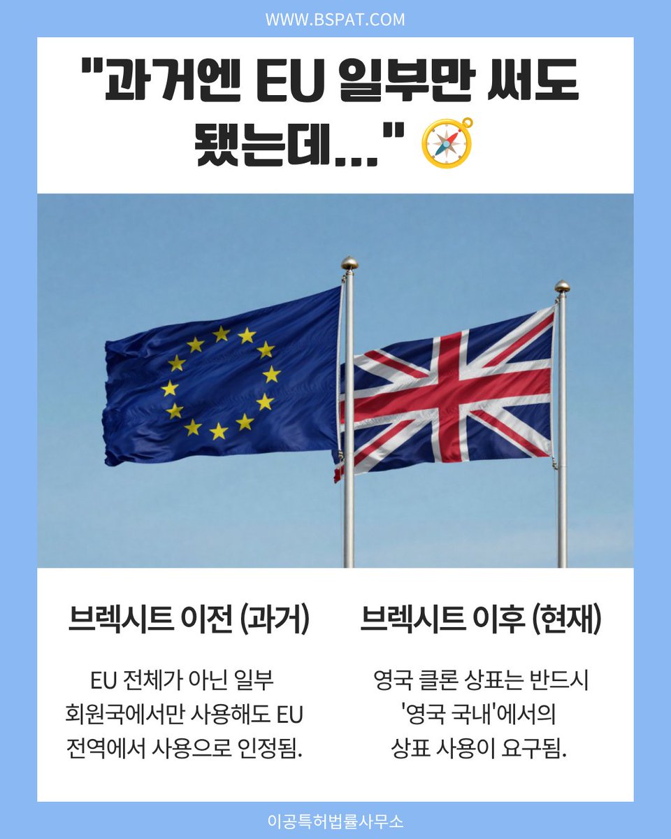 bspacepat's tweet photo. 안녕하세요, 이공특허법률사무소입니다.
 🇬🇧 브렉시트 5년, 영국·EU 상표 사용 기준이 달라졌습니다.
불사용 리스크와 주요 변경사항을 카드뉴스로 확인해 보세요.
#브렉시트 #해외상표 #영국상표 #EU상표 https://t.co/NdgsgRYz1l
