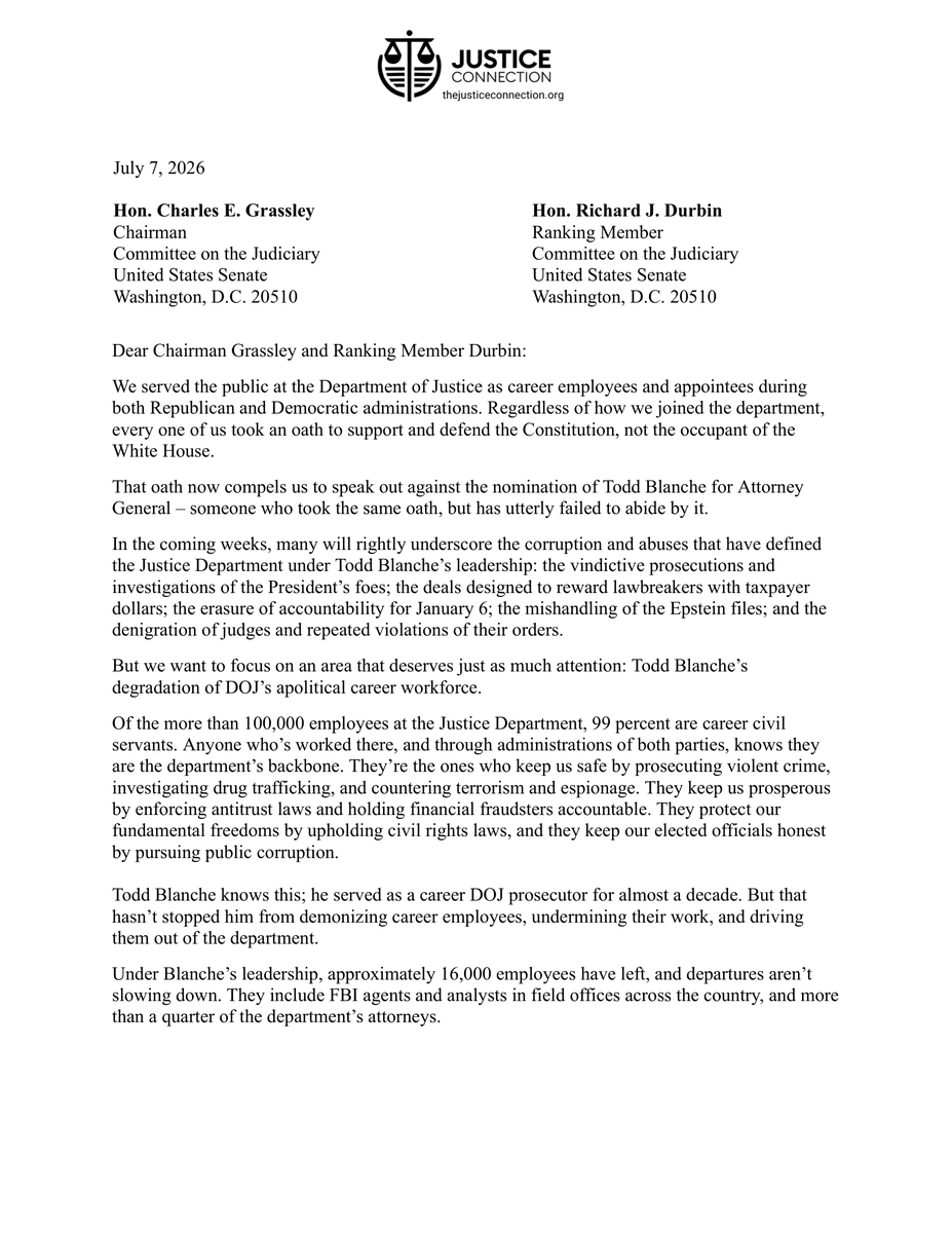 JudiciaryDems's tweet photo. 1,200+ former Justice Department employees just spoke out against Todd Blanche.

These are career civil servants who have actually defended our nation in court under both Democratic and Republican Administrations.

Todd Blanche only defends Donald Trump. https://t.co/0HG05HbLpY