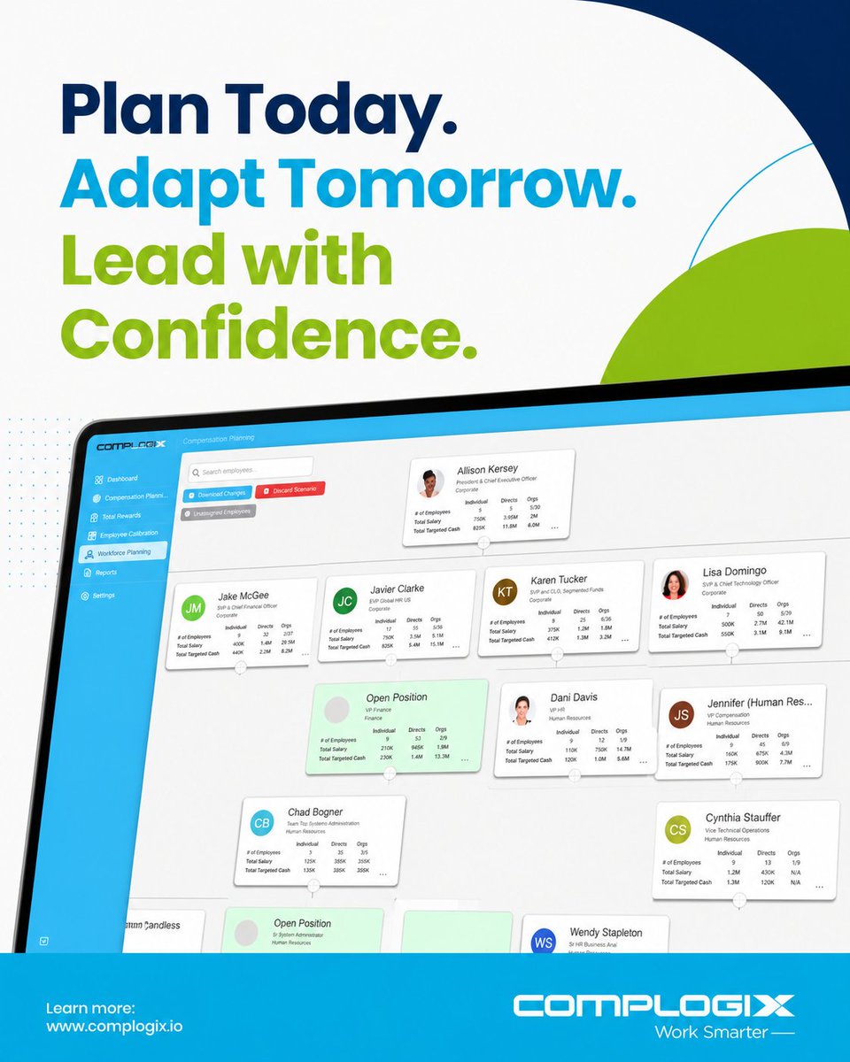 Complogixio's tweet photo. The best workforce plans don't predict the future, they prepare for it.
When HR and Finance can model workforce scenarios before decisions are made, hiring becomes more strategic, budgets become more predictable and organizations are better prepared for change. #WorkforcePlanning https://t.co/WQ0ou7KexO
