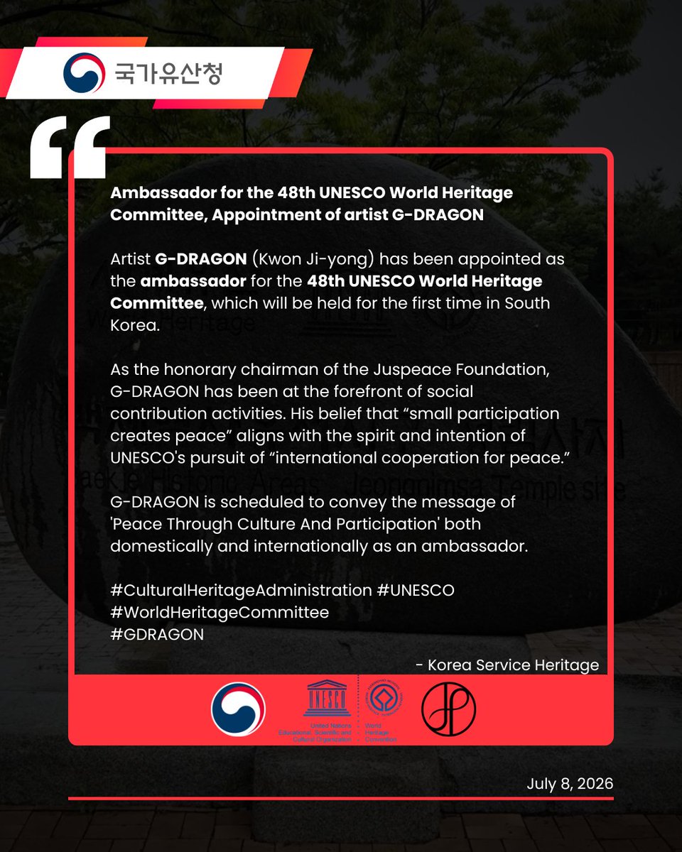 gdragon_media's tweet photo. Official Announcement | Ambassador for the 48th UNESCO World Heritage Committee, Appointment of artist G-DRAGON

#권지용 #지디 #지드래곤 #GDRAGON #JUSPEACE #UNESCO 

Show your support here: 
🔗 https://t.co/gaHvYQjLCl https://t.co/8xdqZLx2Ld