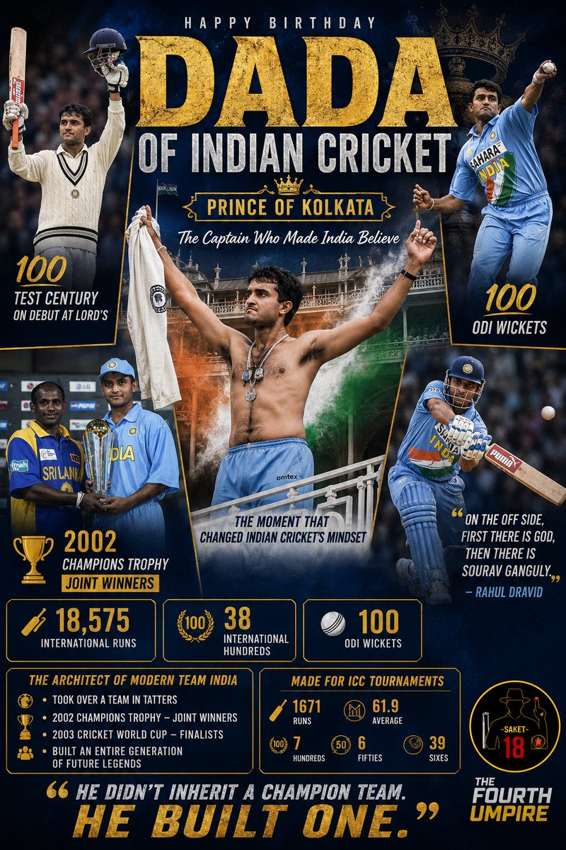 Saket37805's tweet photo. @SGanguly99 @JayShah @BCCI Happy Birthday to the person who made me fall in love with this beautiful sports 🏏
Will always remain to be one of your biggest fans 🫡
HBD DADA 🎂 https://t.co/I1LG7r5l13