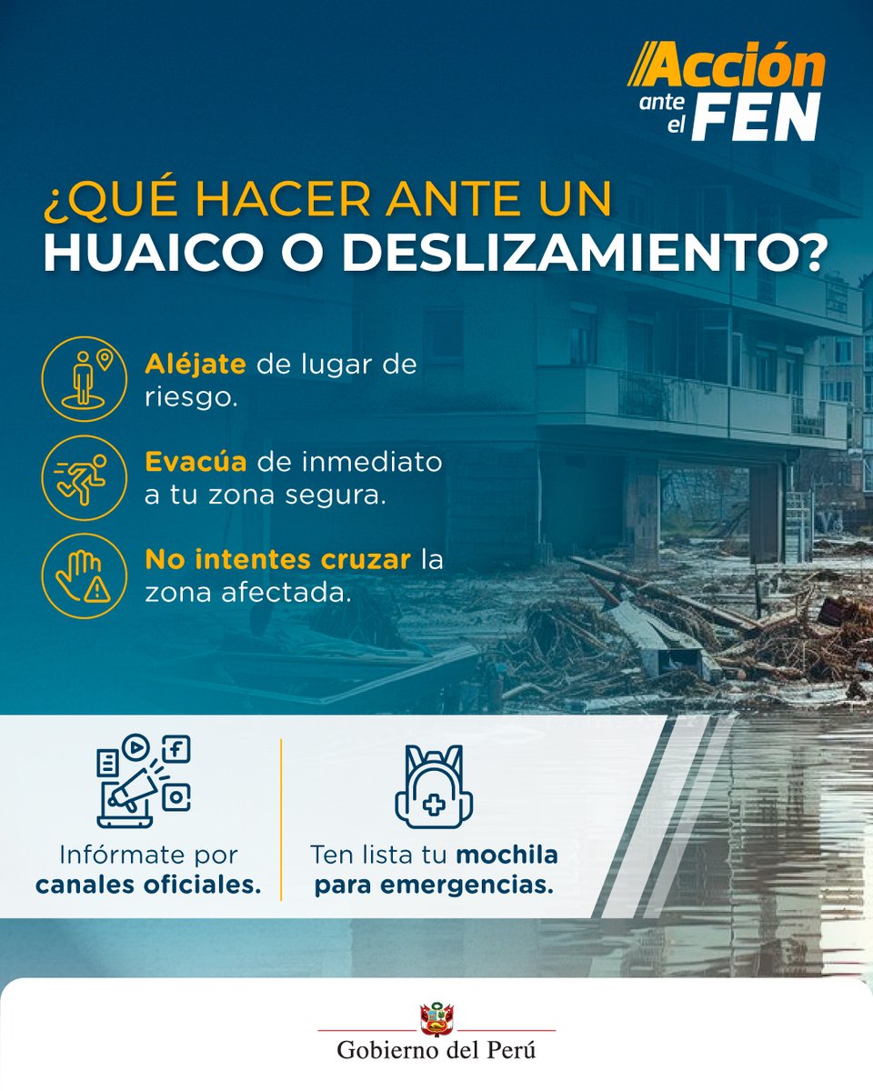 MTPE_Peru's tweet photo. #AcciónAnteElFEN Si vives en una zona de riesgo de huaico o deslizamiento, ten en cuenta estas recomendaciones y compártelas con tus amigos o familiares. ¡Recuerda evacuar a una zona segura y poner en marcha tu Plan Familiar de Emergencia! https://t.co/DXymsQr8rx