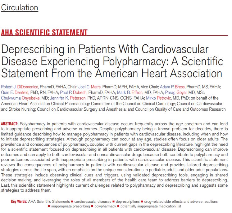 AHAScience's tweet photo. Polypharmacy is common in cardiovascular care because guideline-directed treatment often requires multiple medications across coexisting conditions and comorbidities, increasing medication burden. https://t.co/jj69ofMNlb

Deprescribing is a proactive, patient-centered strategy to reduce medication burden and can be effective not only after adverse drug events, but also when polypharmacy, prescribing cascades, poor adherence, or changing goals of care warrant reassessment.

Safe deprescribing requires a structured, multidisciplinary approach that uses systematic review tools, shared decision-making, careful tapering, and close follow-up to align treatment with patient goals while minimizing adverse events.

✍🏼 @robdeedo @adambress @quin_denfeld @PaulDobesh @ParagGoyalMD
