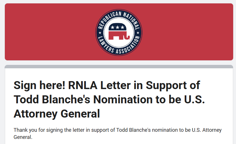 MBeltranFL's tweet photo. Very proud to sign the Republican National Lawyers Association letter in support of Todd Blanche's nomination to be Attorney General!

I urge others to do the same.

https://t.co/XdCt8FdKVA https://t.co/BvVCy5gbQw