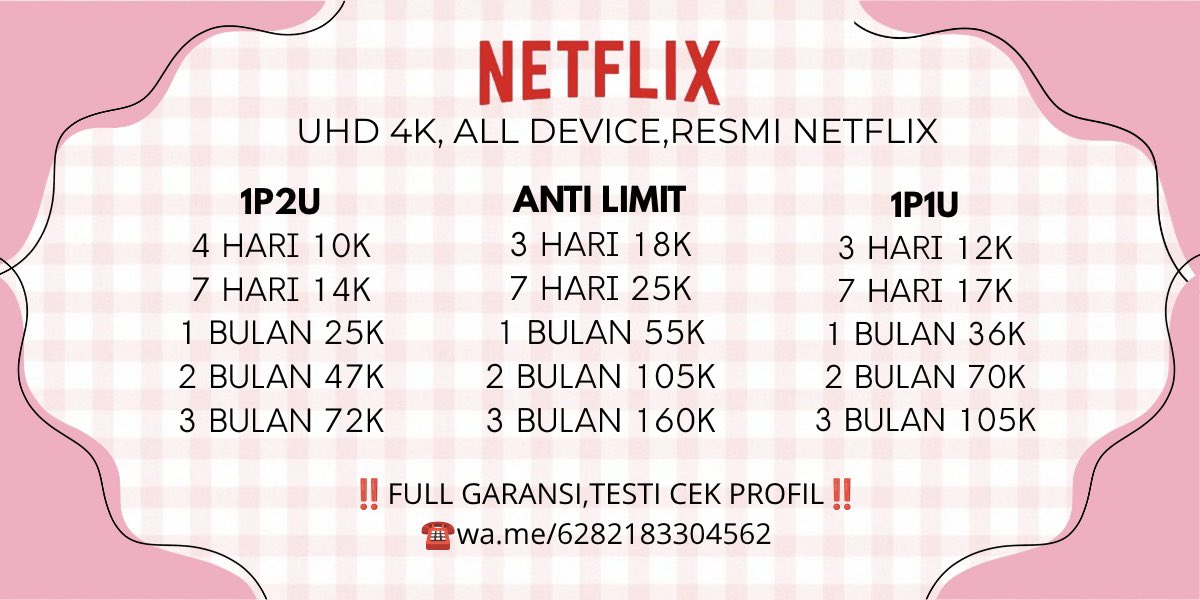 viqeaz's tweet photo. ⊹ ࣪ ˖⋆˙⟡⊹₊˚‧︵‿₊୨ᰔ୧₊‿︵‧˚₊⊹

redi nētflix prem harga murah dan full garansi
testi ada di profil yaa💕

☎️https://t.co/HvOZ7w8DHr

#zonauang https://t.co/v5XcefSWqP