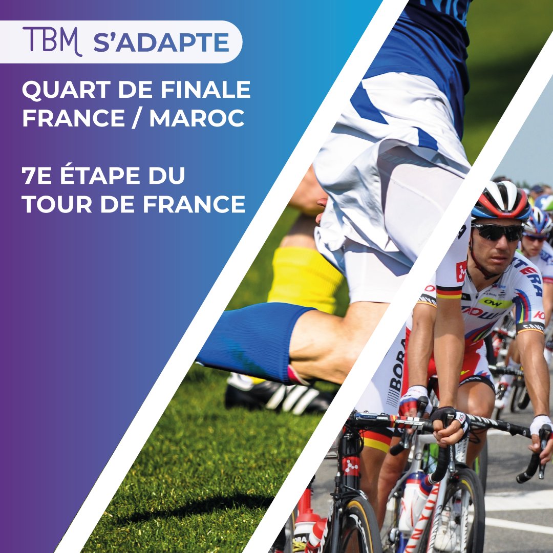info_tbm's tweet photo. ⚠️Ce jeudi 9 juillet à partir de 22h, des interruptions et déviations sont à prévoir en raison du match France/Maroc et de la préparation du passage du Tour de France. Les conditions de circulation seront progressivement rétablies vendredi 10 juillet entre 19h et 23h.

ℹ️ L’information trafic sera disponible en temps réel sur https://t.co/EYcnxG5VBW et l’app TBM.
🚴⚽🎉 Plus de détails : https://t.co/PFCMXebeGJ