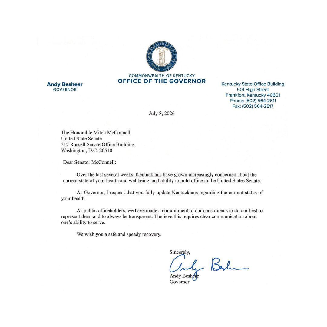 HQNewsNow's tweet photo. Kentucky Gov. Andy Beshear has sent a letter to Mitch McConnell requesting an urgent update on his health.

"Kentuckians have grown increasingly concerned about the current state of your health and wellbeing, and ability to hold office in the United States Senate." https://t.co/A6AABZBFqA