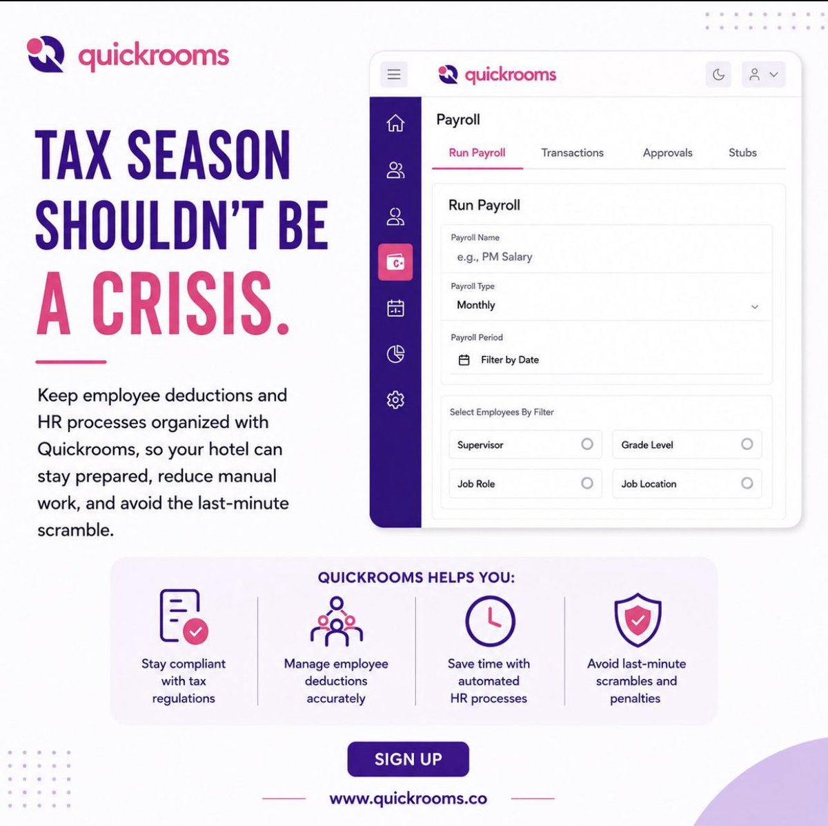 quickrooms_OS's tweet photo. Tax season shouldn’t be a crisis.

Keep employee deductions and HR processes organized with Quickrooms, so your hotel can stay prepared, reduce manual work, and avoid the last-minute scramble.

Sign up at https://t.co/fAqrKIyqSW https://t.co/CbBNCxLETJ
