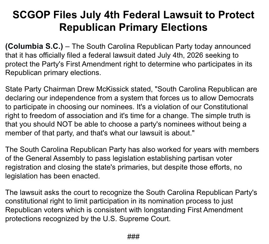 SCGOP's tweet photo. A Historic Moment for South Carolina Republicans!

The South Carolina Republican Party officially filed a federal lawsuit to defend our First Amendment right to determine who participates in our Republican primary elections. https://t.co/8oYNg8Jn2m