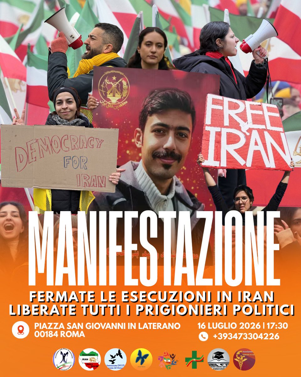 Ashrafi4ever's tweet photo. La comunità iraniana in Italia ha in programma una manifestazione il 16 luglio per richiamare l'attenzione sulla situazione dei diritti umani in Iran, chiedere il rilascio di tutti i prigionieri politici e dei detenuti per protesta e chiedere la fine delle esecuzioni in Iran.
Sosteniamo il popolo iraniano nella sua lotta per rovesciare il regime, trasferire la sovranità al popolo iraniano e creare una repubblica democratica.
#No2ShahNo2Mullahs