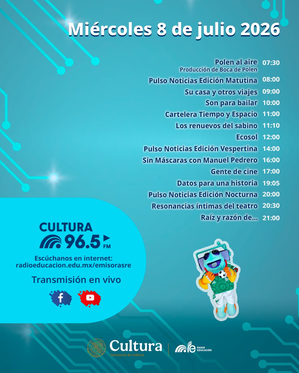 RadioEducacion's tweet photo. Este #Miércoles disfruta con #RadioEducación 📻😊

Escucha 🎧 #PulsoNoticias 📰 #SuCasaYOtrosViajes 🎻 #Ecosol 🌱 #DatosParaUnaHistoria 📜 #ResonanciasÍntimas del Teatro 🎭 ¡y mucho más!

📻 #Cultura965FM
💻 https://t.co/p4QeZpjhJj https://t.co/znYfaUo9wo
