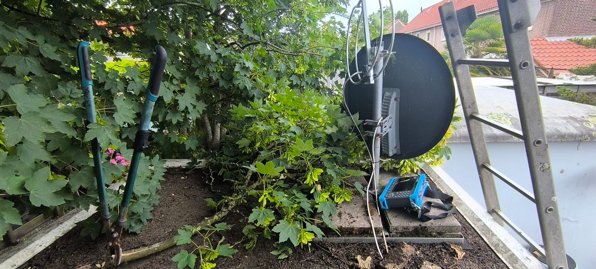 Satellietservi2's tweet photo. Later nog een nawee van de laatste storm. Geen ontvangst. Geen meter die daar bij kan helpen. De lange snoeischaar bracht uitkomst, een paar flinke knippen en weer beeld. https://t.co/GtaE8vszk4