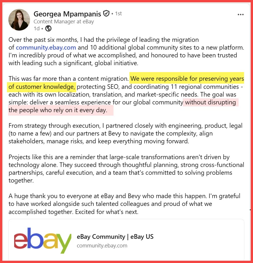 ValueAddedRS's tweet photo. $EBAY Content Manager Georgea Mpampanis takes her responsibility to "preserve years of customer knowledge" form the eBay community very seriously - as long as those years are between 2023 &amp; 2026. 🤦‍♀️
https://t.co/R5i0ftbBkW https://t.co/dkEgU7wo8k
