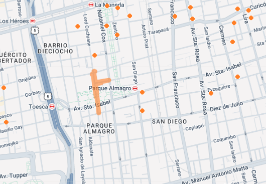 Enel_Informa_CL's tweet photo. [10:46] Nuestros técnicos continúan trabajando en #CorteDeEnergía que afecta al sector desde San Ignacio de Loyola hasta San Isidro  en comuna de Santiago que se ve en el mapa. Debido a mayor complejidad de los trabajos, el tiempo de normalización es de 13:00 hrs. Escríbenos al WhatsApp +56994447606 si quieres generar un reporte.