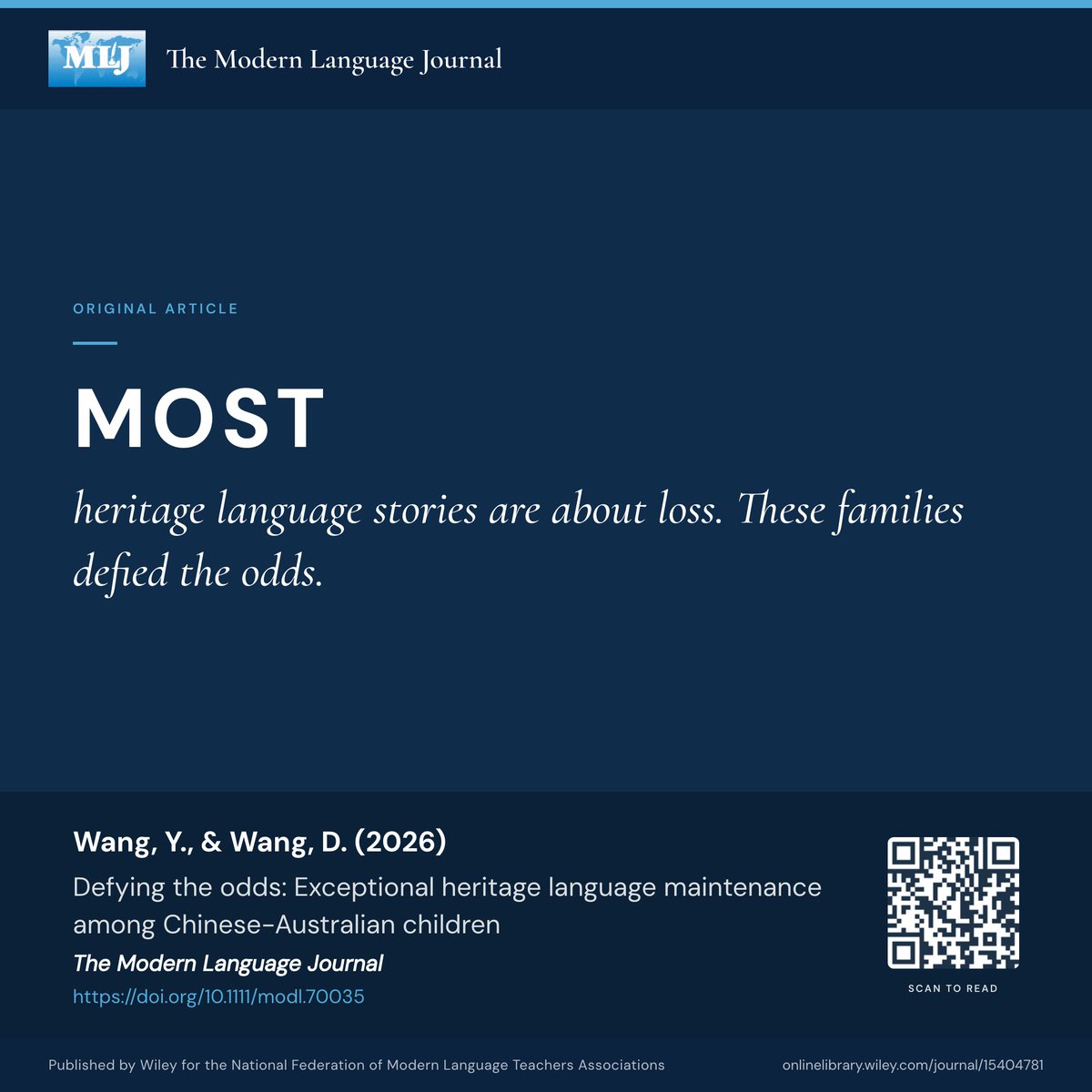 ModernLanguageJ's tweet photo. How do some immigrant families sustain heritage languages against English monolingual pressure? This study centers rare successes and the class barriers behind them.

Wang &amp; Wang (2026). The Modern Language Journal.
https://t.co/II3NMEN3mX https://t.co/CXpQ778EaZ
