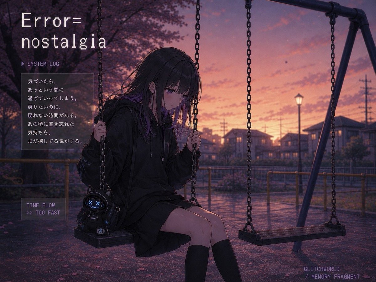 glitchcat_404's tweet photo. “Error = nostalgia”
あの頃は、
早く大人になりたかった。
なのに今は、
あの頃に戻りたい。
Back then,
I couldn’t wait to grow up.
Now,
I’d give anything
to go back.
#GlitchCat #ErrorIsEmotion #Glitchworld #emotionalart #mentalhealth #glitchart https://t.co/Mj8w5vCcDy
