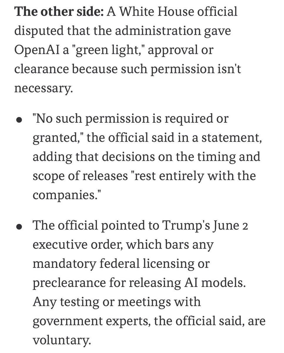 ashleyrgold's tweet photo. @axios WH weighed in this morning, said working with them is voluntary, any decisions OpenAI made about release were up to them. https://t.co/kAszbQtkW2