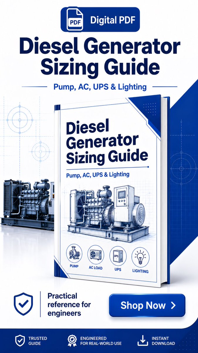 tahaalasemi's tweet photo. Sizing a diesel generator for project loads?

This practical PDF guide helps you understand generator sizing for Pump, AC, UPS, and Lighting loads — including running kVA, starting kVA, multiplying factors, and final selection verification.

A simple engineering reference for real-world projects.

Download now and keep it as your quick generator sizing guide.

The link is in comments