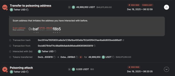 taicommc's tweet photo. to an address poisoning scam. The funds had arrived less than 1h earlier.  The user first sent a small test tx to the correct address. 

Mins later, $50M was sent to a poisoned address copied from transaction history. How to lose $50M in under an hour. https://t.co/Wyyu4DW9U3